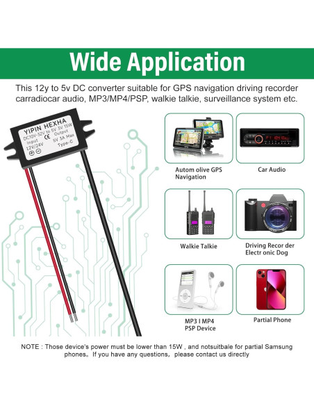 Convertidor DC 24V/12V a 5V USB Tipo-C YIPIN HEXHA 3A 15W
