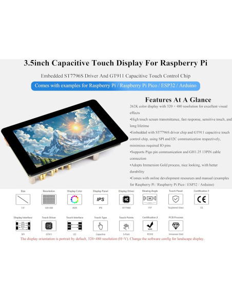 Pantalla Táctil Capacitiva 3.5" IPS Wonrabai 320x480 para Raspberry Pi