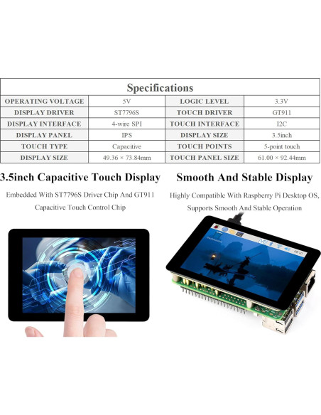 Pantalla Táctil Capacitiva 3.5" IPS Wonrabai 320x480 para Raspberry Pi