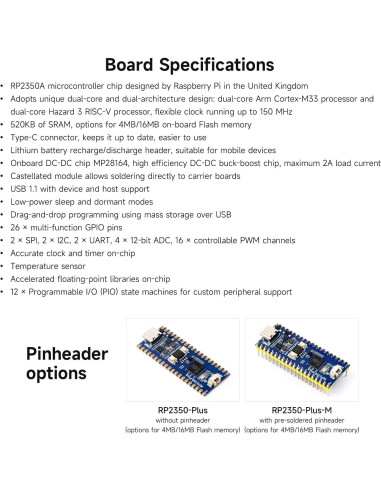 Placa de Desarrollo Waveshare RP2350-Plus 16MB Doble Núcleo