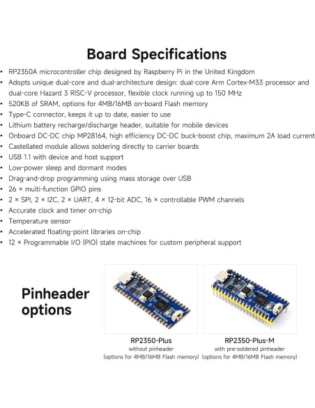 Placa de Desarrollo Waveshare RP2350-Plus 16MB Doble Núcleo