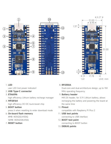Placa de Desarrollo Waveshare RP2350-Plus 16MB Doble Núcleo