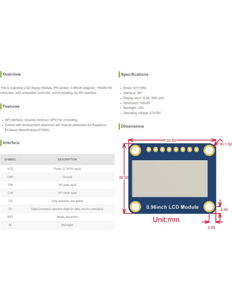 Módulo de Pantalla LCD 0.96" Waveshare IPS 160x80 SPI