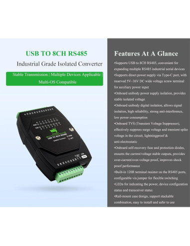 Convertidor USB a 8CH RS485 UeeKKoo Aislado Industrial