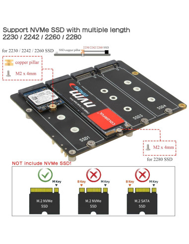 Geekworm X1011 PCIe a Cuádruple M.2 NVMe para Raspberry Pi 5