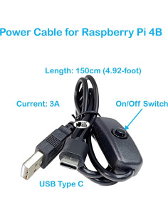Cable de Alimentación USB-C con Interruptor para Raspberry Pi 4B - 150cm, 3A, Paquete de 2 2