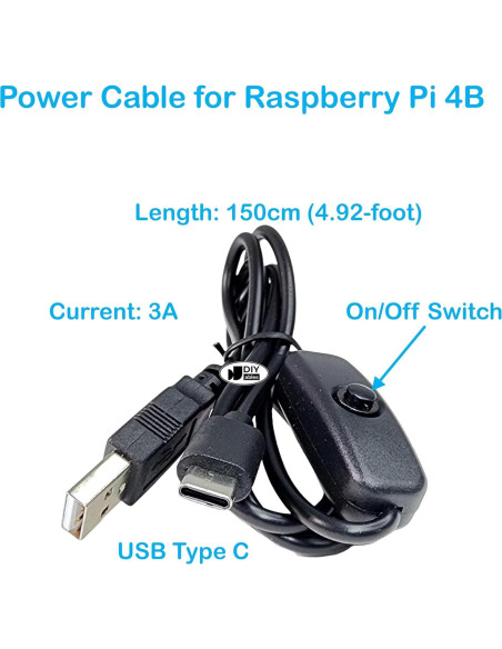 Cable de Alimentación USB-C con Interruptor para Raspberry Pi 4B - 150cm, 3A, Paquete de 2