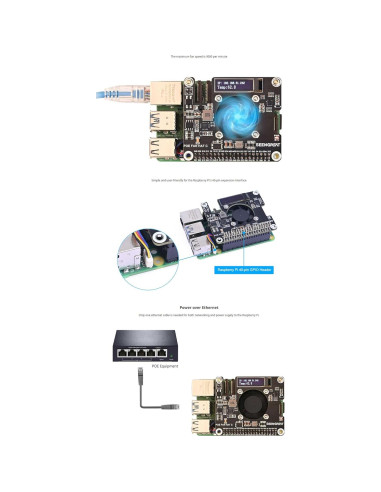 HAT POE para Raspberry Pi 5 con Pantalla OLED y Ventilador