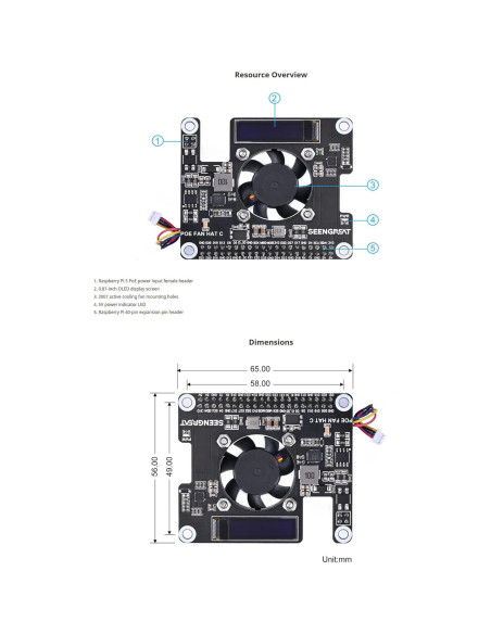 HAT POE para Raspberry Pi 5 con Pantalla OLED y Ventilador
