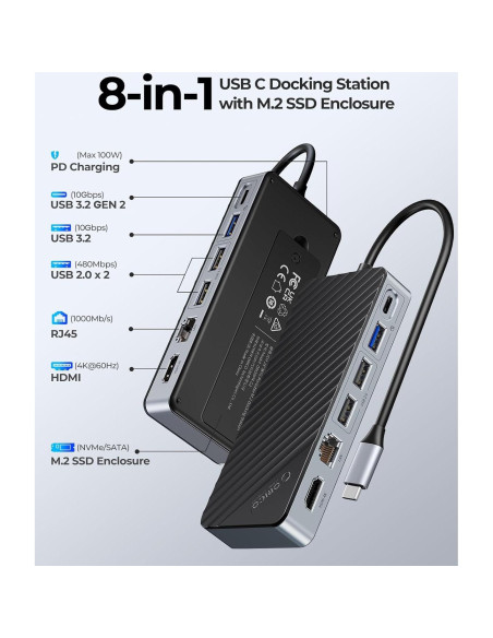 Hub USB-C 8-en-1 ORICO con SSD NVMe 128GB 10Gbps 4K HDMI