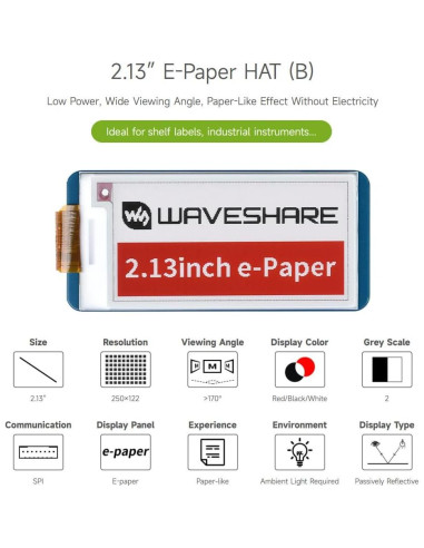 Pantalla E-Ink 2.13" HAT Waveshare para Raspberry Pi, 212x104
