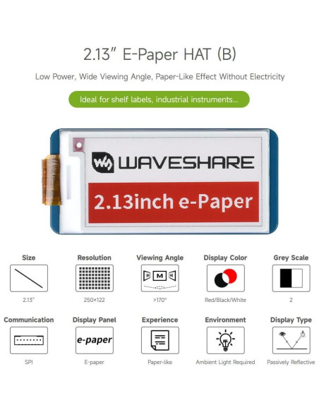 Pantalla E-Ink 2.13" HAT Waveshare para Raspberry Pi, 212x104