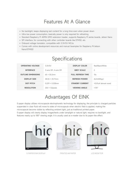 Pantalla E-Ink 2.13" HAT Waveshare para Raspberry Pi, 212x104