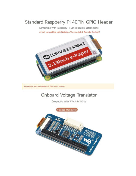 Pantalla E-Ink 2.13" HAT Waveshare para Raspberry Pi, 212x104