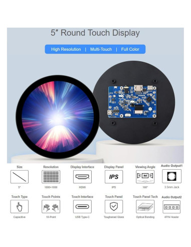 Pantalla LCD Redonda 5" Waveshare 1080x1080 Táctil IPS