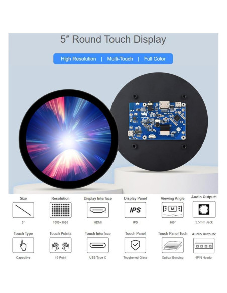 Pantalla LCD Redonda 5" Waveshare 1080x1080 Táctil IPS