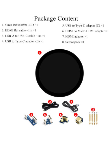 Pantalla LCD Redonda 5" Waveshare 1080x1080 Táctil IPS