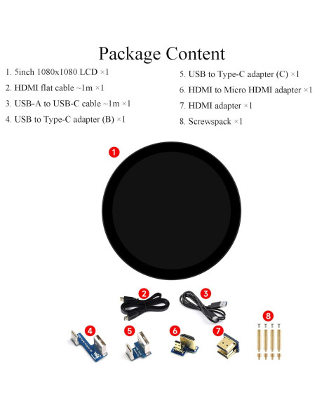 Pantalla LCD Redonda 5" Waveshare 1080x1080 Táctil IPS
