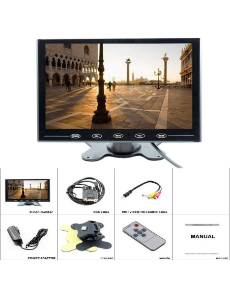 Monitor LCD 9" Camecho HD 800x600 HDMI/VGA para Auto