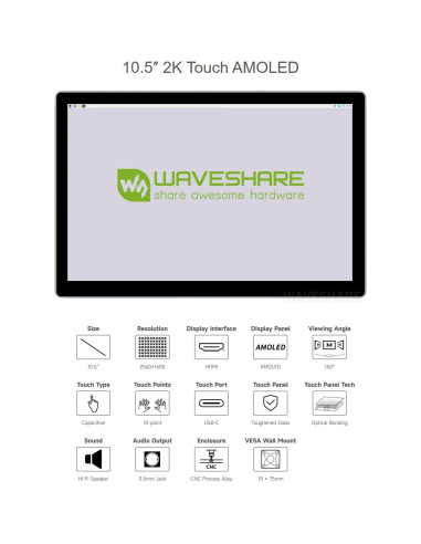 Pantalla Táctil AMOLED 10.5" Waveshare 2560x1600 HDMI