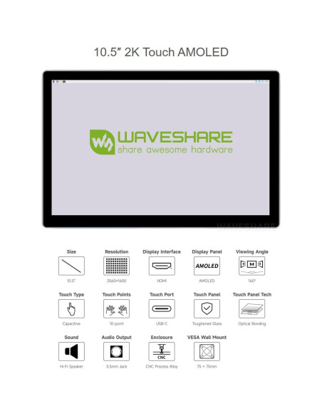 Pantalla Táctil AMOLED 10.5" Waveshare 2560x1600 HDMI