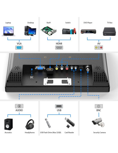 Monitor LCD 12" Eyoyo 800x600 HDMI VGA AV Portátil