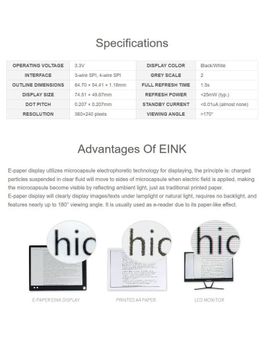 Pantalla E-Paper 3.52" Waveshare 360x240 SPI Blanco/Negro