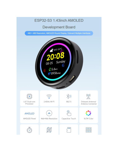 Placa de Desarrollo Waveshare ESP32-S3 AMOLED 1.43" 466x466