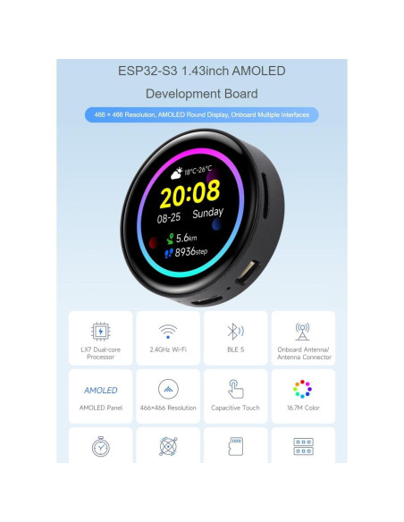 Placa de Desarrollo Waveshare ESP32-S3 AMOLED 1.43" 466x466