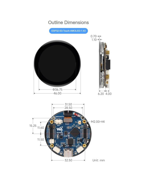 Placa de Desarrollo Waveshare ESP32-S3 AMOLED 1.43" 466x466
