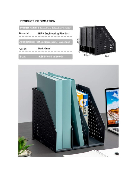 Soporte de Revistas Plegable Leven 3 Compartimentos Gris Oscuro