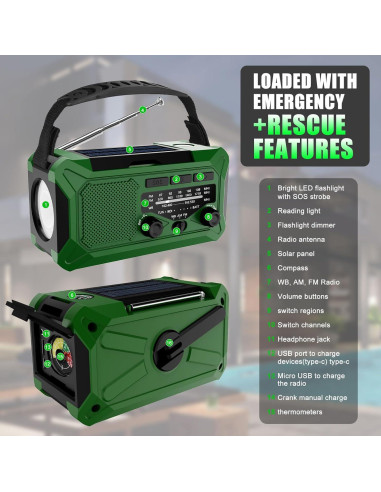 Radio de Manivela de Emergencia Veubew WR5 10000mAh con Linterna LED