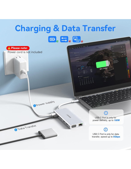 Estación de Acoplamiento USB C 14 en 1 ABIWAZY Plata