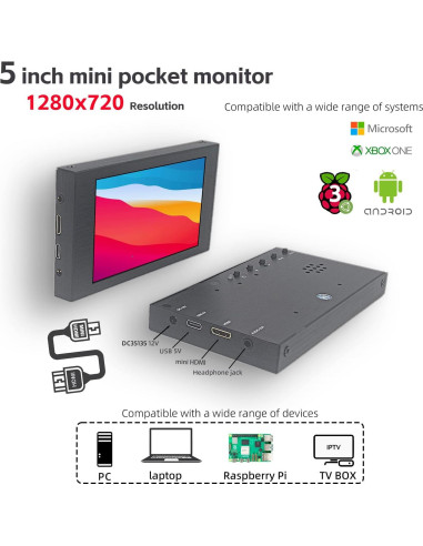 Monitor Táctil Mini VIEWMEI 5" HD 1280x720 HDMI