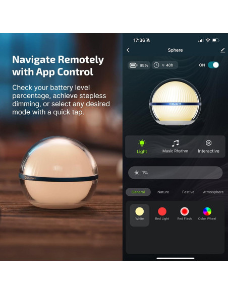Lámpara de Mesa OLIGHT Esfera RGB 75 Lúmenes Control APP