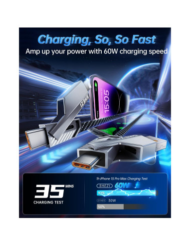 Cable Corto USB C 4-en-1 SHEZI 60W 0.18m Carga Rápida