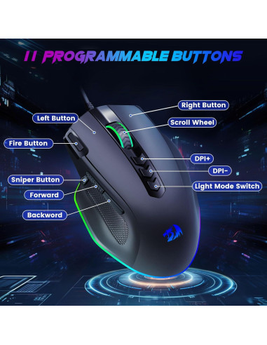 Ratón Gaming Redragon M614 Con Cable RGB 8000 DPI 11 Botones