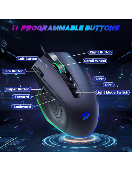 Ratón Gaming Redragon M614 Con Cable RGB 8000 DPI 11 Botones