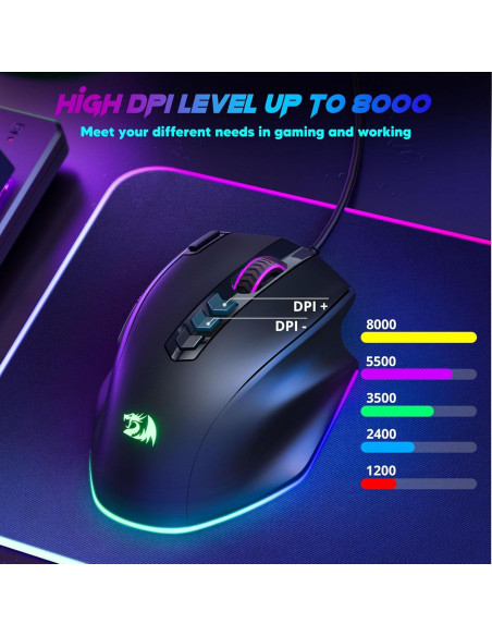 Ratón Gaming Redragon M614 Con Cable RGB 8000 DPI 11 Botones