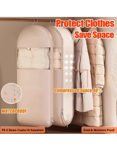 Bolsa de Ropa Colgante Beige L con Cierre de Compresión Automática