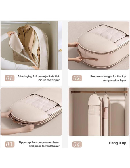 Bolsa de Ropa Colgante Beige L con Cierre de Compresión Automática