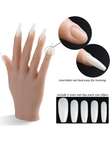 Mano de práctica de silicona Sotong con 100 consejos de uñas