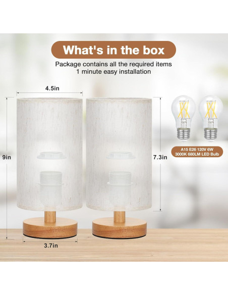 Juego de 2 Lámparas de Mesa Fenmzee 9" LED 3000K Crema Madera