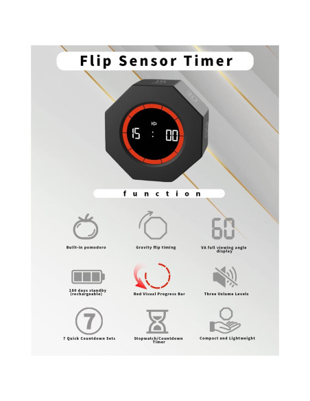 Temporizador Pomodoro TumanLiving Octagonal Negro 7 Tiempos