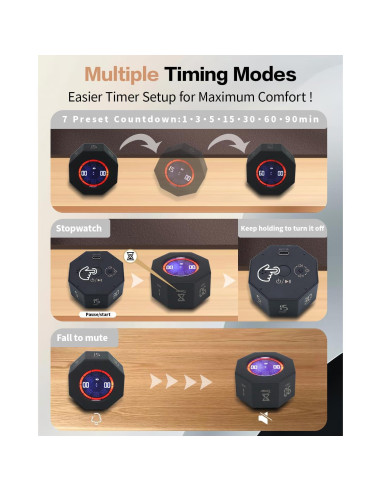 Temporizador Pomodoro TumanLiving Octagonal Negro 7 Tiempos