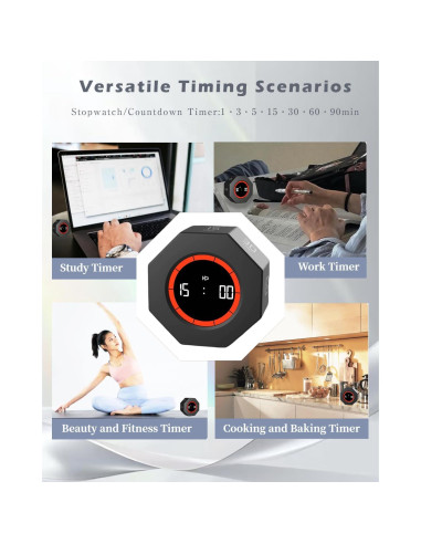 Temporizador Pomodoro TumanLiving Octagonal Negro 7 Tiempos