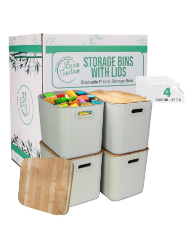 Cajas de Almacenamiento Apilables Luxe Function - Bambú y Plástico Crema