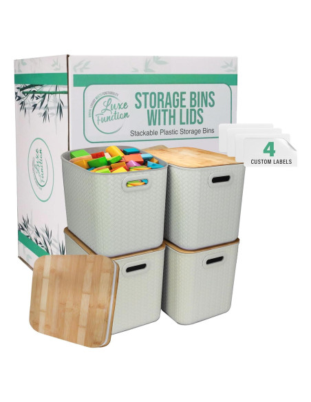 Cajas de Almacenamiento Apilables Luxe Function - Bambú y Plástico Crema