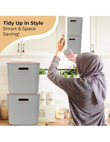 Cajas de Almacenamiento Apilables Luxe Function - Bambú y Plástico Crema