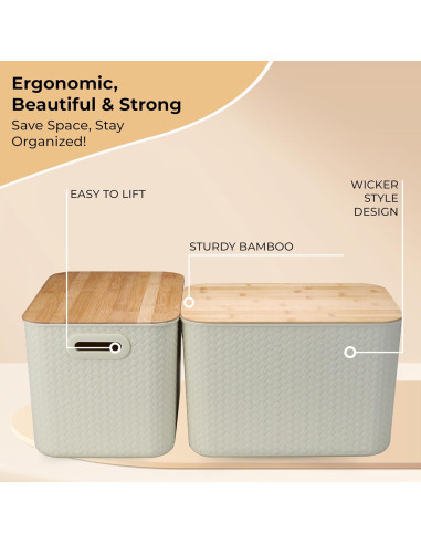 Cajas de Almacenamiento Apilables Luxe Function - Bambú y Plástico Crema